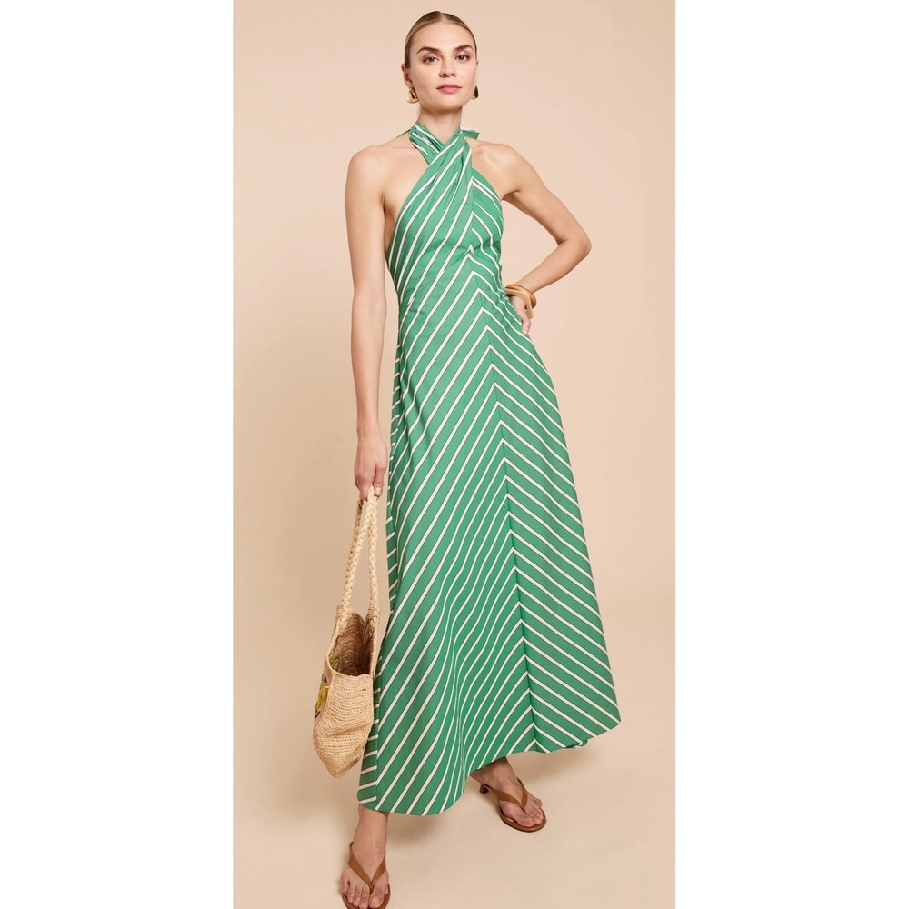 Few Moda O.P.T. One Pretty Time Green White Striped Halter Maxi Dress Size Large